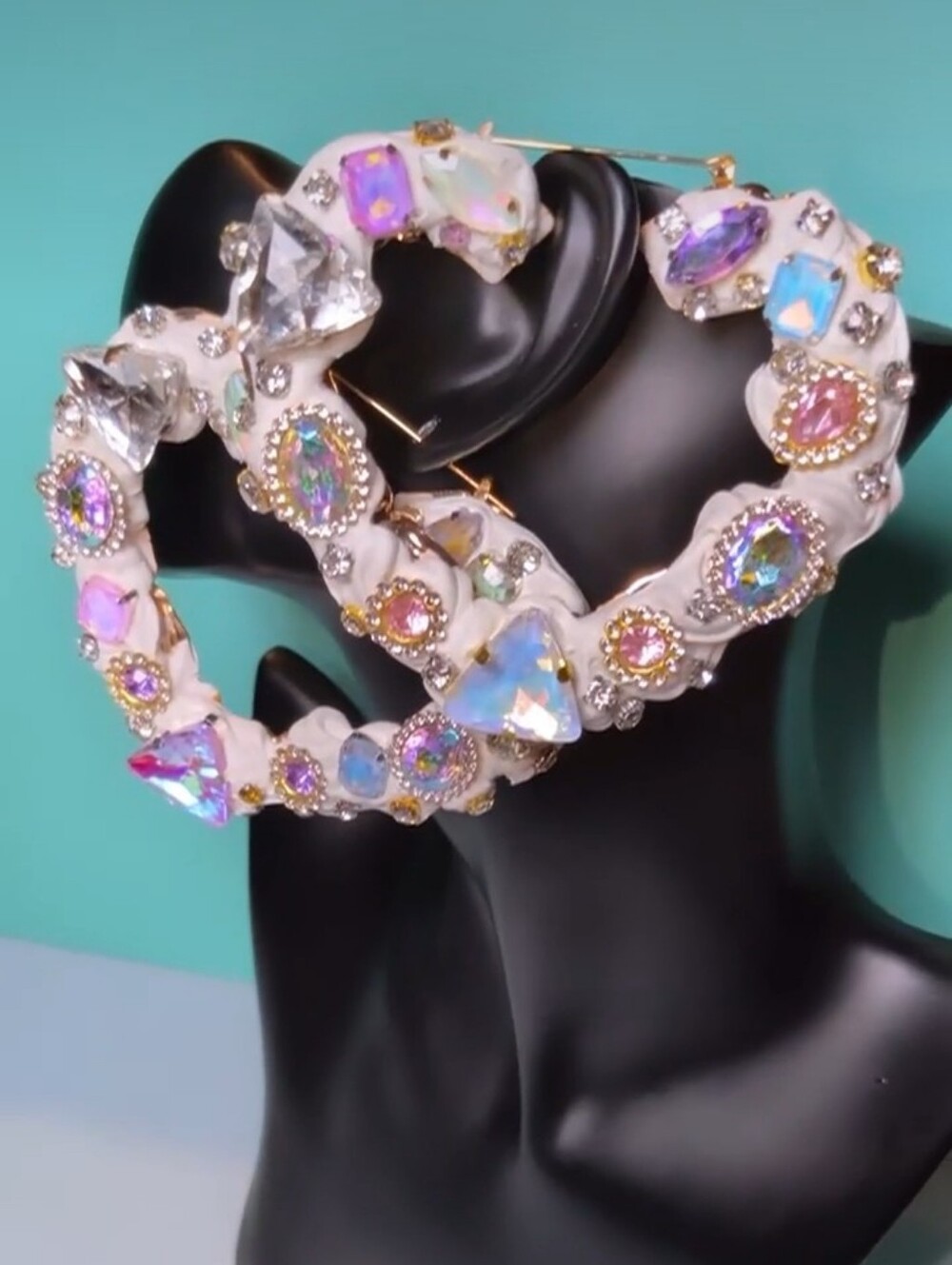 Handmade XL Iridescent Crystal Heart Hoop Earrings in White